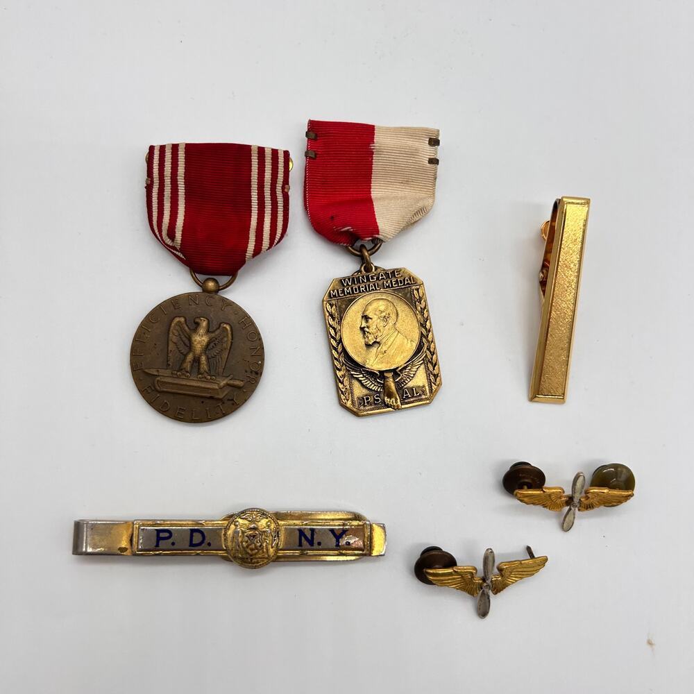 Vintage Medal & Tie Bar Lot PDNY NYPD Wingate DB Sterling Bar Propeller Pin 30s
